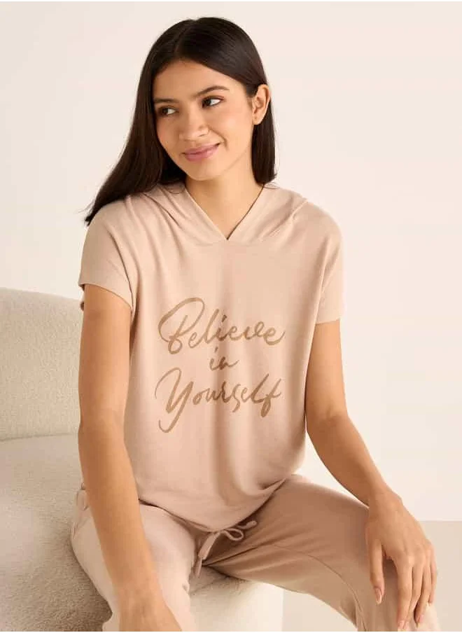 سبلاش فيڤ Slogan Print Hooded T-shirt and Elasticated Joggers Set