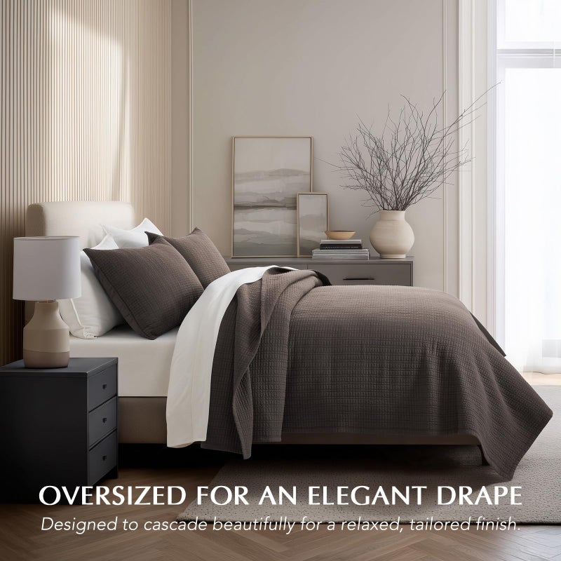 EverGrace 100% Cotton Quilt King Size, Pre-Washed Modern Grid Stitch Lightweight Bedspread Coverlet for All Season, Oversized 3-Piece Bedding Set with 2 Pillow Shams, Dark Brown - Image 2