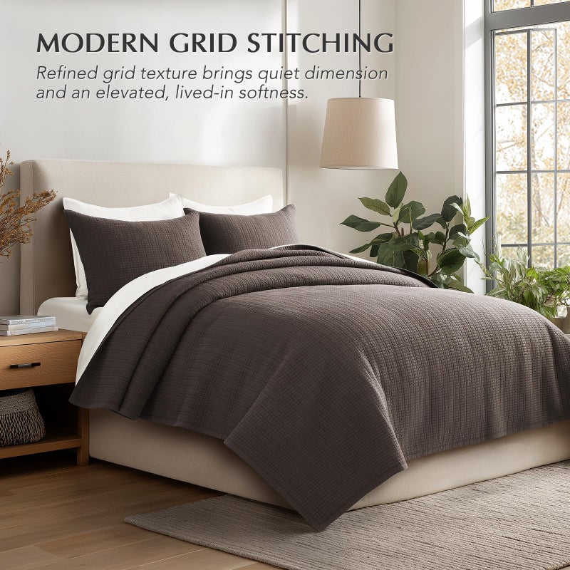 EverGrace 100% Cotton Quilt King Size, Pre-Washed Modern Grid Stitch Lightweight Bedspread Coverlet for All Season, Oversized 3-Piece Bedding Set with 2 Pillow Shams, Dark Brown - Image 5