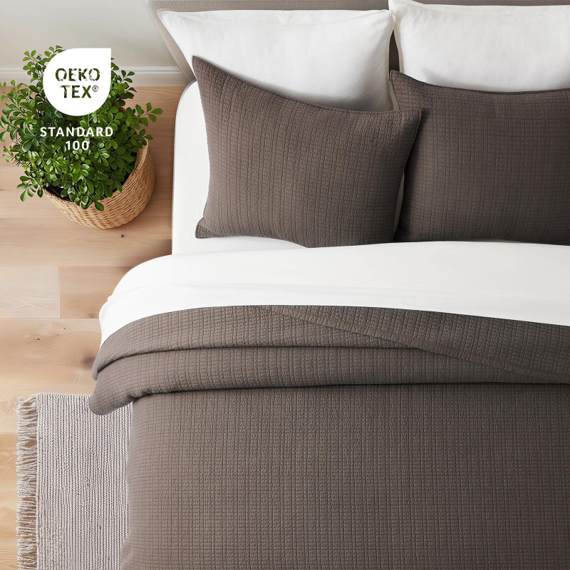 EverGrace 100% Cotton Quilt King Size, Pre-Washed Modern Grid Stitch Lightweight Bedspread Coverlet for All Season, Oversized 3-Piece Bedding Set with 2 Pillow Shams, Dark Brown - Image 4