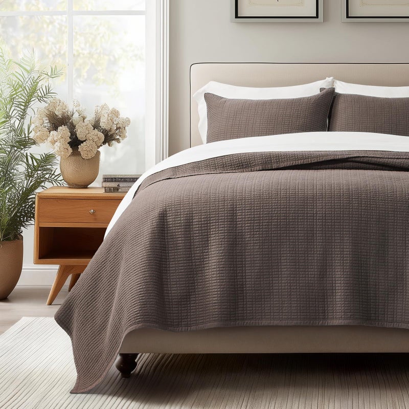 EverGrace 100% Cotton Quilt King Size, Pre-Washed Modern Grid Stitch Lightweight Bedspread Coverlet for All Season, Oversized 3-Piece Bedding Set with 2 Pillow Shams, Dark Brown - Image 1