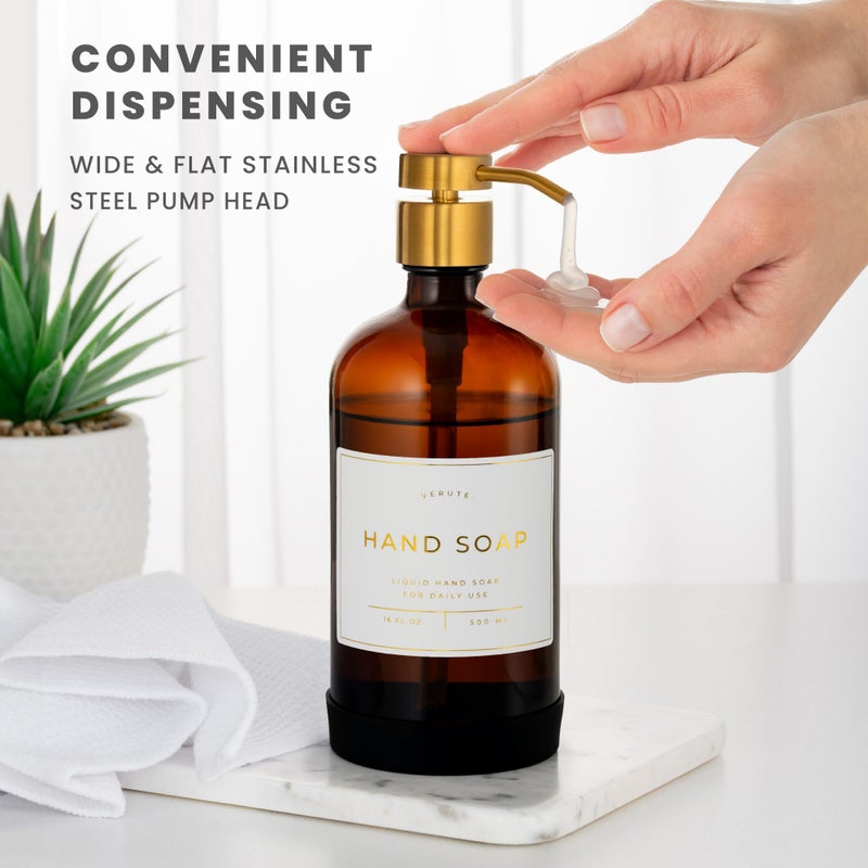 Verute Hand and Dish Soap Dispenser for Kitchen and Bathroom, Set of 2 16 Oz Glass Bottles, Stainless Steel Pumps, Non-Slip Silicone Base, 27 Waterproof Labels (Amber Bottle/Brushed Gold Pump) - Image 4