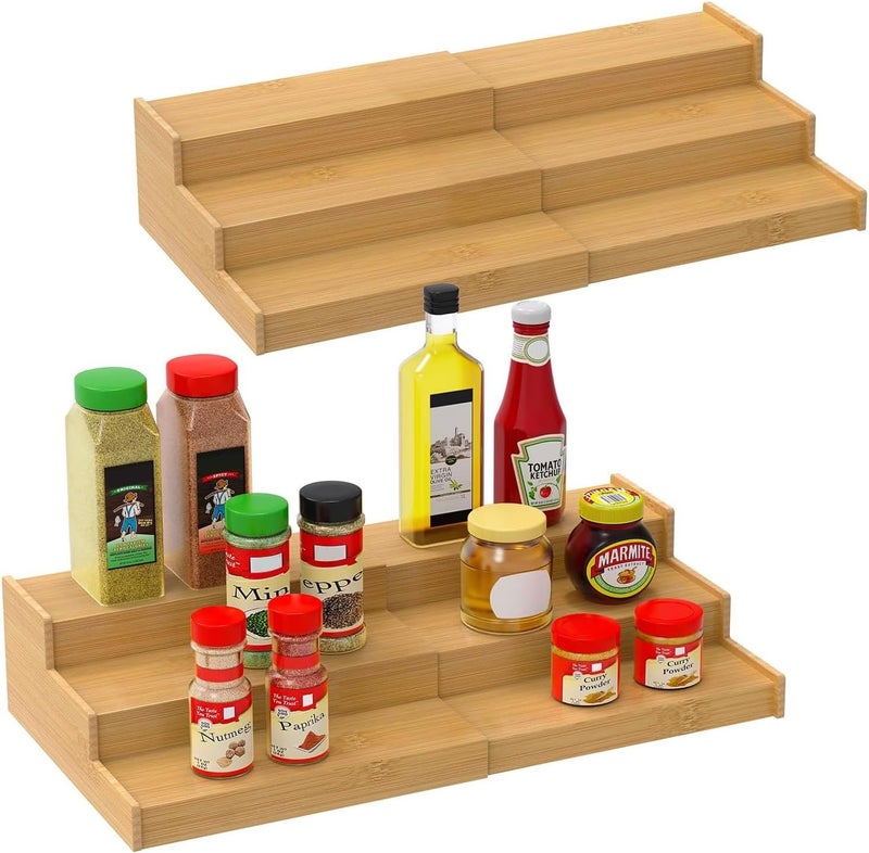 Exrp Spice Rack Kitchen Cabinet Organizer- 3 Tier Bamboo Expandable Display Shelf - Image 1