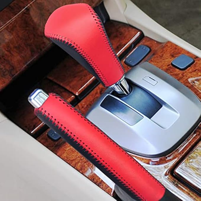 rayihni Compatible with Genuine Leather HandStitched Handbrake Cover Gear Shift Knob Cover Interior Accessories Protective Cover Decoration for Honda Accord 2008 2009 2010 2011 2012 2013 Black Red - Image 1