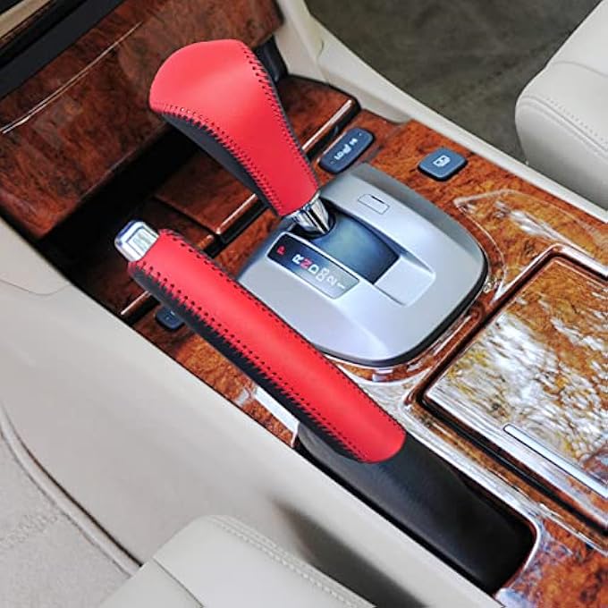 rayihni Compatible with Genuine Leather HandStitched Handbrake Cover Gear Shift Knob Cover Interior Accessories Protective Cover Decoration for Honda Accord 2008 2009 2010 2011 2012 2013 Black Red - Image 5