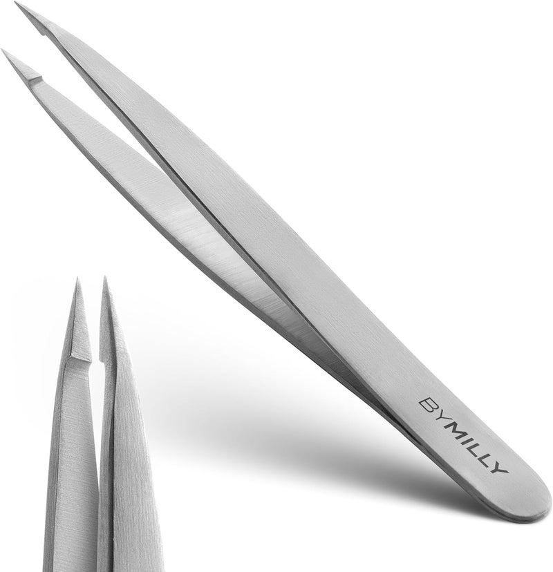 By MILLY Pointed Tweezers | High Carbon Stainless Steel Needle Nose | Fine Point Precision Hair Removal | Perfectly Aligned & Hand-Filed Sharp | Silver - Image 1