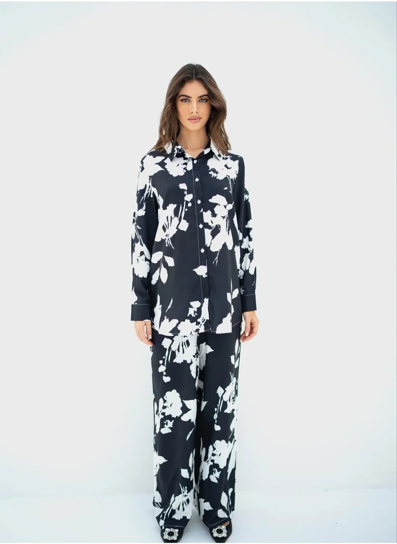 Hassal Floral Print Button Down Shirt And High Waist Pants Set