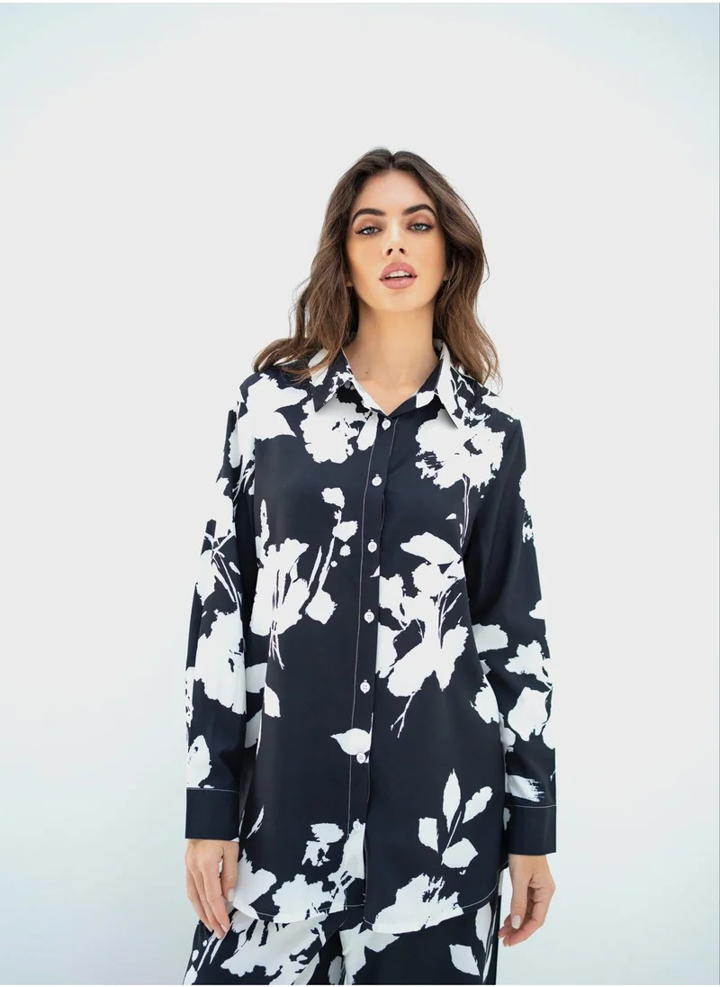 Hassal Floral Print Button Down Shirt And High Waist Pants Set