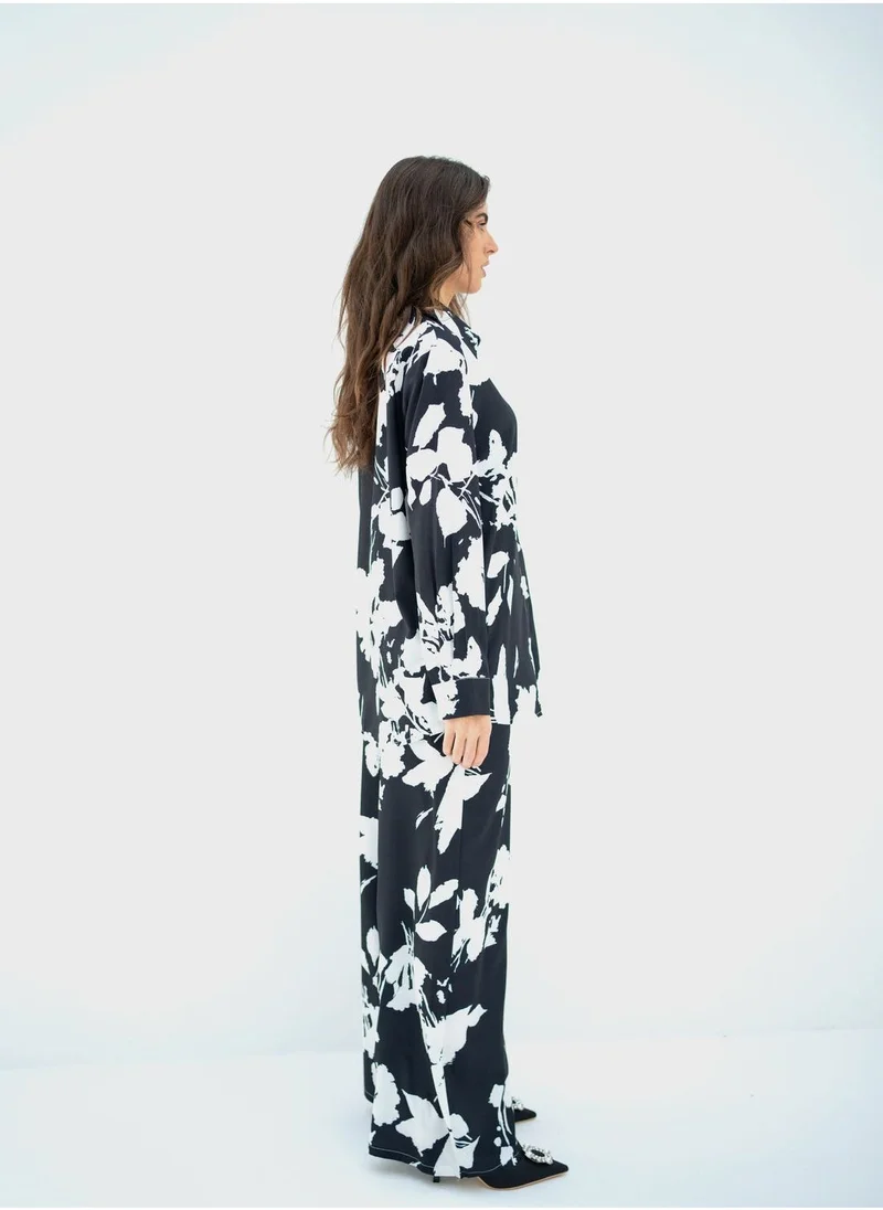 Hassal Floral Print Button Down Shirt And High Waist Pants Set