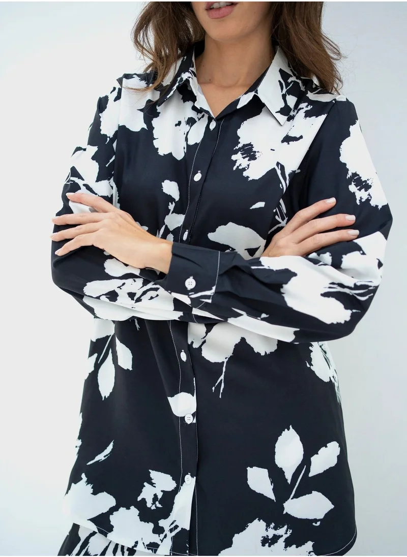 Hassal Floral Print Button Down Shirt And High Waist Pants Set