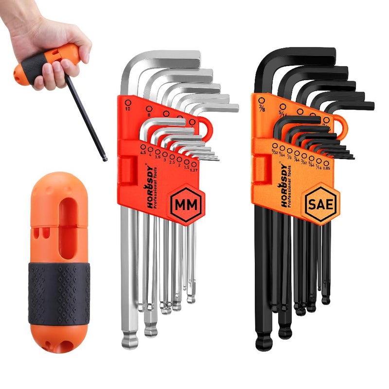 HORUSDY 27PCS Durable Hex Key Allen Wrench Long Arm Set with Ball End, Metric and Standard Sizes Allen Key Set with Another T Handle, Heat-treated CR-V Steel - Image 1