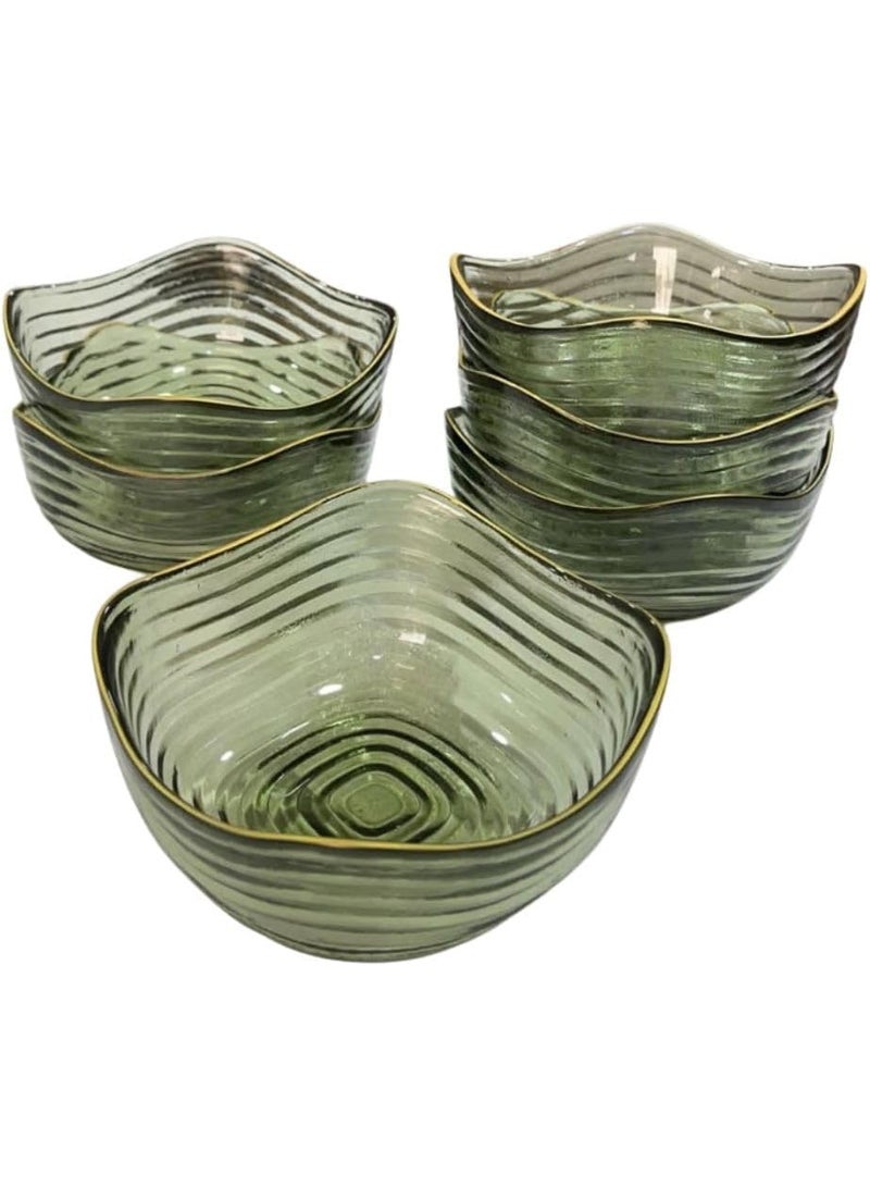 6-Piece Square Wave Glass Bowl Set - Olive Green - Elegant Serving Bowls - Image 1