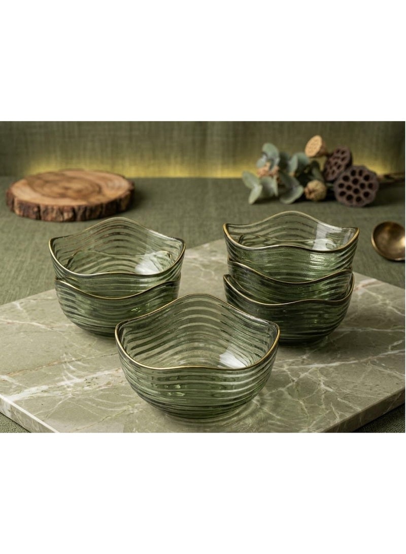 6-Piece Square Wave Glass Bowl Set - Olive Green - Elegant Serving Bowls - Image 2