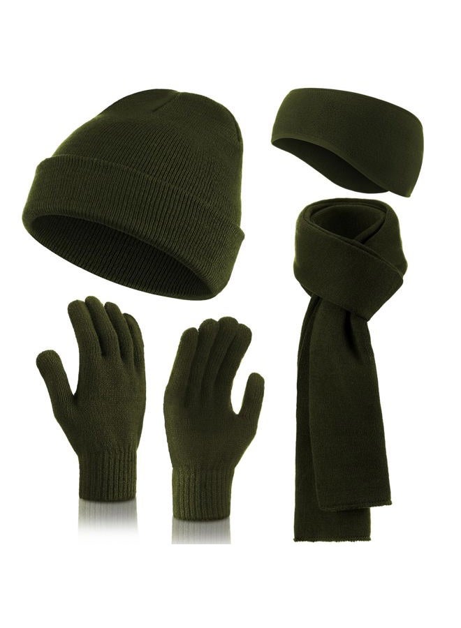 Breathffy 4 Pcs Winter Hat Scarf Gloves Headband Set Knit Beanie Touch Screen Gloves Long Scarf Xmas Gift for Women Men, Army Green, hat size is 20x23 cm / 7.87x9.06 in, winter scarf size is 170x25cm - Image 1