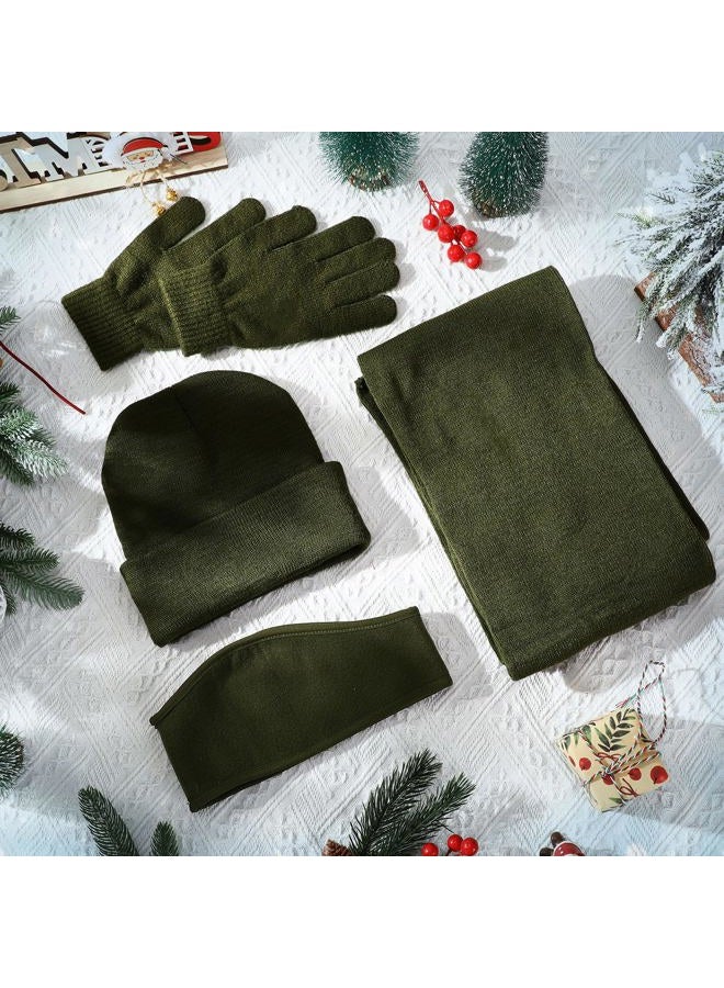 Breathffy 4 Pcs Winter Hat Scarf Gloves Headband Set Knit Beanie Touch Screen Gloves Long Scarf Xmas Gift for Women Men, Army Green, hat size is 20x23 cm / 7.87x9.06 in, winter scarf size is 170x25cm - Image 4