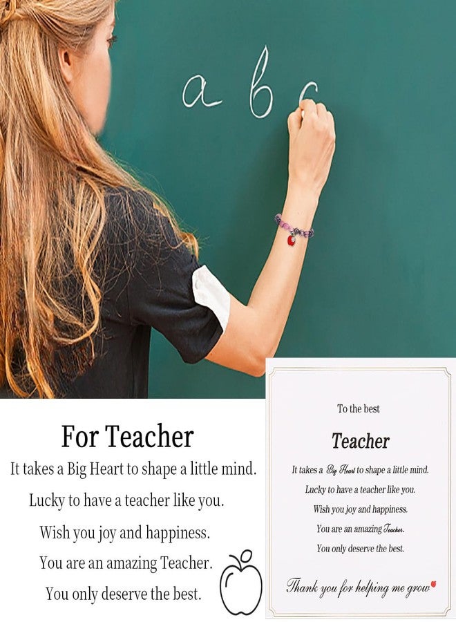 CASDAN 9 Pcs Teacher Appreciation Bracelet for Women Men Natural Stone teacher Bracelet Gifts Apple Pendant Elastic Bead Bracelets With Message Card Teacher Jewelry Gift - Image 2