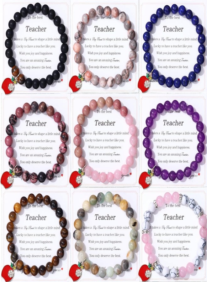 CASDAN 9 Pcs Teacher Appreciation Bracelet for Women Men Natural Stone teacher Bracelet Gifts Apple Pendant Elastic Bead Bracelets With Message Card Teacher Jewelry Gift - Image 1