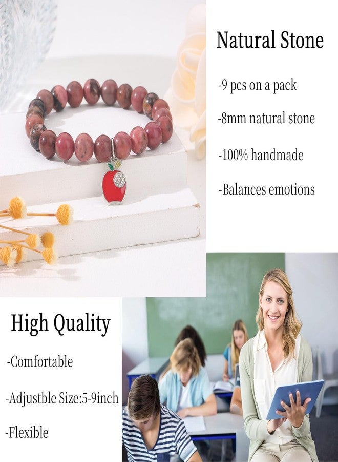 CASDAN 9 Pcs Teacher Appreciation Bracelet for Women Men Natural Stone teacher Bracelet Gifts Apple Pendant Elastic Bead Bracelets With Message Card Teacher Jewelry Gift - Image 4