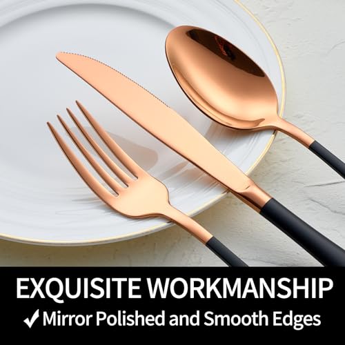 DINYWOW 20-Pieces Rose Gold and Black Silverware Sets for 4,Black Handle Stainless Steel Cutlery Set, Include Forks Spoons and Knives Set, Dishwasher Safe Utensil Sets for Home Restaurant - Image 5