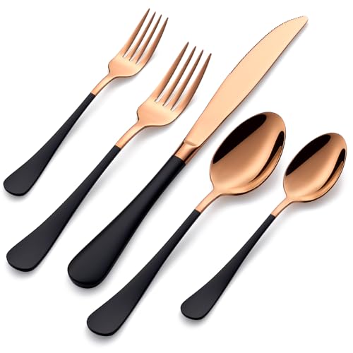 DINYWOW 20-Pieces Rose Gold and Black Silverware Sets for 4,Black Handle Stainless Steel Cutlery Set, Include Forks Spoons and Knives Set, Dishwasher Safe Utensil Sets for Home Restaurant - Image 1