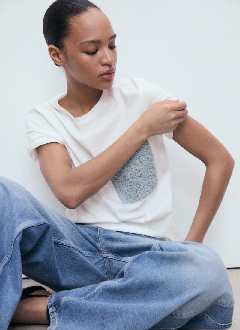 MANGO Short-Sleeved T-Shirt With Crochet Pocket  - Image 3
