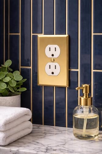 Rio Salto MIDSIZE BRASS Signature Collection Decorative Brushed Brass Gold Metal Outlet Covers Single Light Switch Cover Plate Premium Wall Plate Covers 1Gang Duplex 313 x 494 4Pack - Image 3