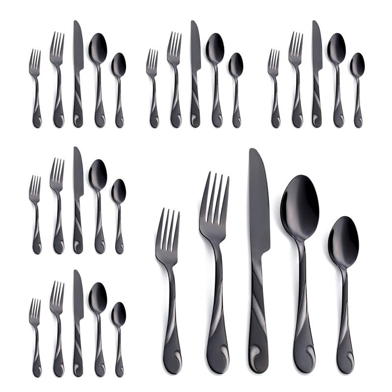 Seeshine Black Silverware Set for 6, 30-Piece Stainless Steel Flatware Set, Shiny Black Metal Cutlery Set, Include Fork, Knife and Spoon Set, Dishwasher Safe - Image 1
