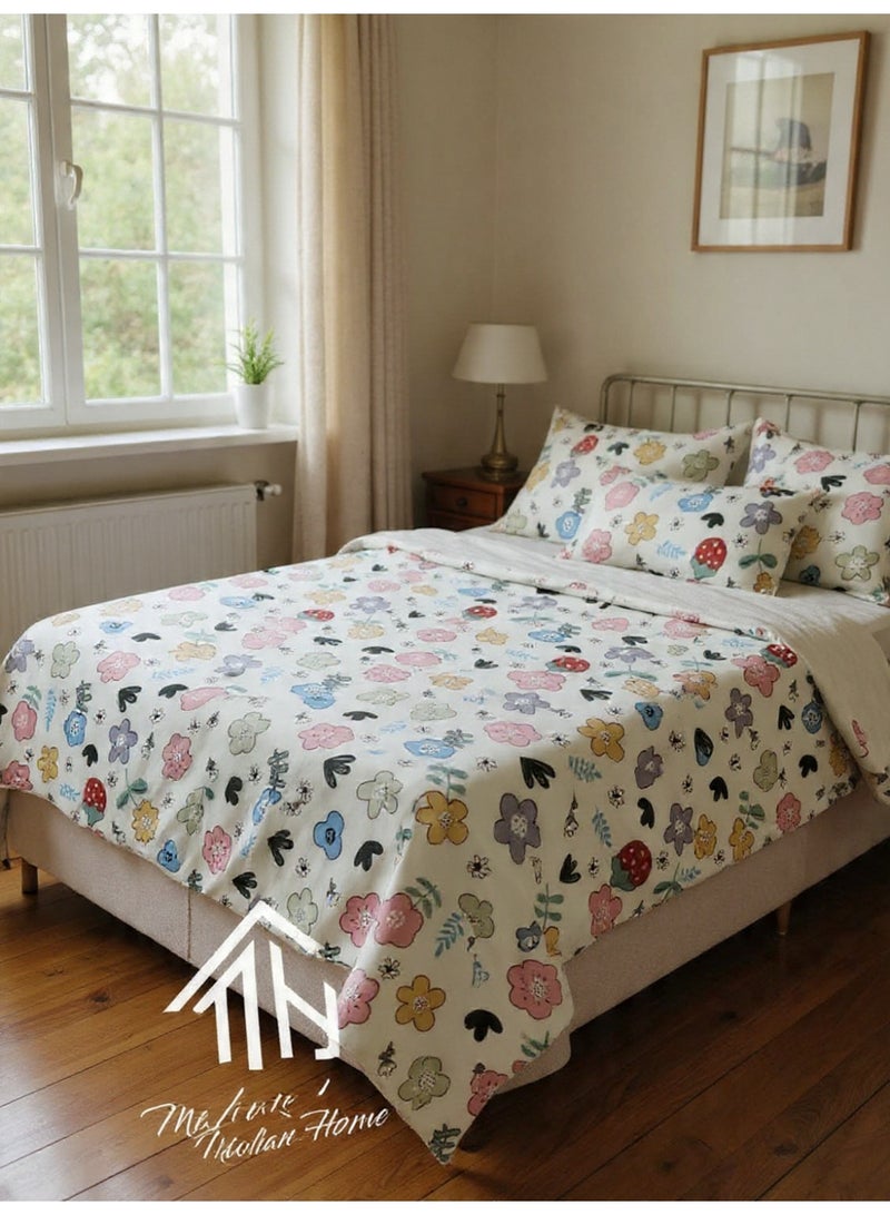 غطاء سرير أبيض مزين بورود ملونة – تصميم أنيق ومبهج لغرفة النوم