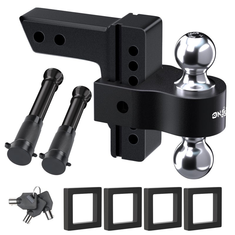 Onsski Adjustable Trailer Truck Drop Hitch - Fits 2 Inch Receiver Only, 6 Inch Drop Dual Ball Mount 2" and 2-5/16" Up to 12,500 LBS GTW, Heavy Duty Aluminum Towing Hitch with 2 Hitch Locks & 4 Silencer Pads - Image 1