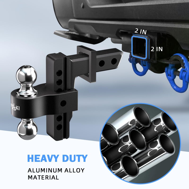 Onsski Adjustable Trailer Truck Drop Hitch - Fits 2 Inch Receiver Only, 6 Inch Drop Dual Ball Mount 2" and 2-5/16" Up to 12,500 LBS GTW, Heavy Duty Aluminum Towing Hitch with 2 Hitch Locks & 4 Silencer Pads - Image 2