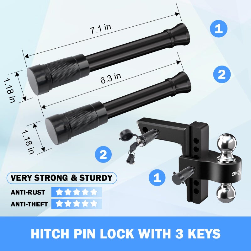 Onsski Adjustable Trailer Truck Drop Hitch - Fits 2 Inch Receiver Only, 6 Inch Drop Dual Ball Mount 2" and 2-5/16" Up to 12,500 LBS GTW, Heavy Duty Aluminum Towing Hitch with 2 Hitch Locks & 4 Silencer Pads - Image 3