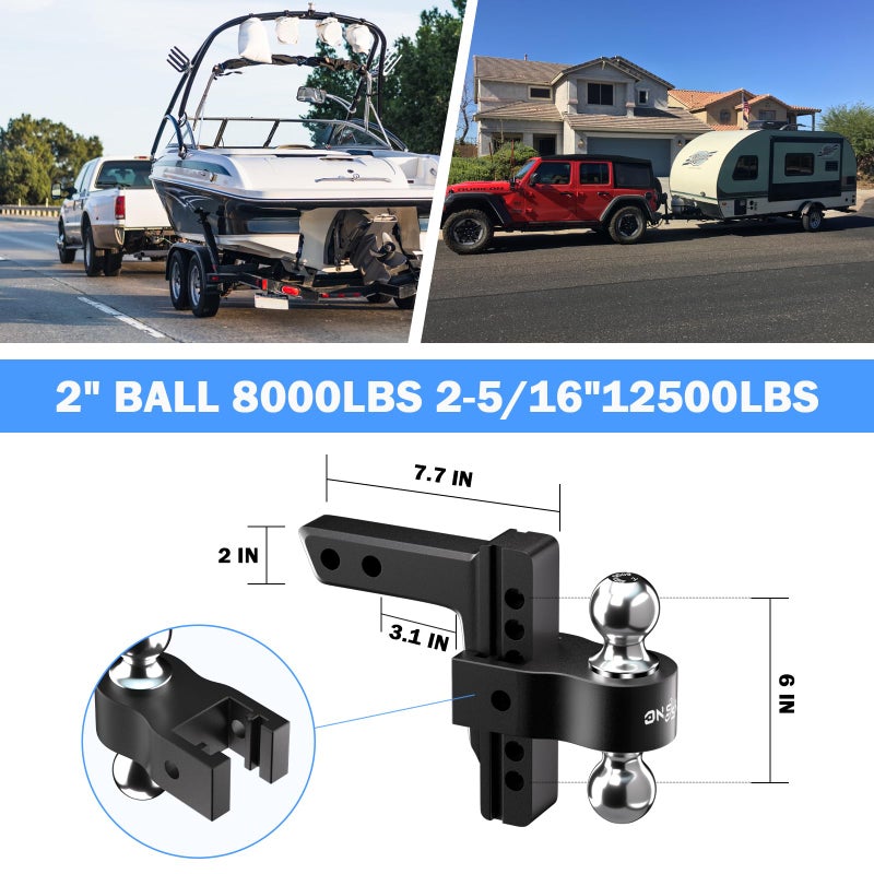 Onsski Adjustable Trailer Truck Drop Hitch - Fits 2 Inch Receiver Only, 6 Inch Drop Dual Ball Mount 2" and 2-5/16" Up to 12,500 LBS GTW, Heavy Duty Aluminum Towing Hitch with 2 Hitch Locks & 4 Silencer Pads - Image 4