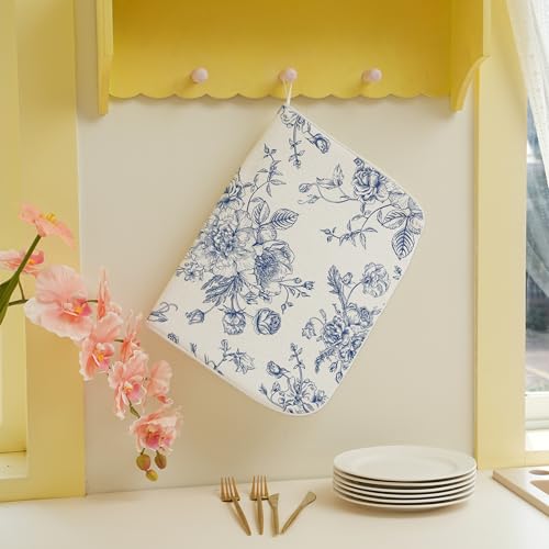 GOLIANDA Blue Floral Dish Drying Mats 18x24 Inch Blue and White Chinoiserie Flower Drying Mats Seasonal Vintage Decorative Coffee Bar Mat Absorbent Fast Drying for Kitchen Dining Room Decor - Image 4