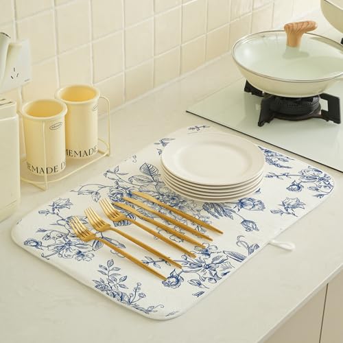 GOLIANDA Blue Floral Dish Drying Mats 18x24 Inch Blue and White Chinoiserie Flower Drying Mats Seasonal Vintage Decorative Coffee Bar Mat Absorbent Fast Drying for Kitchen Dining Room Decor - Image 3