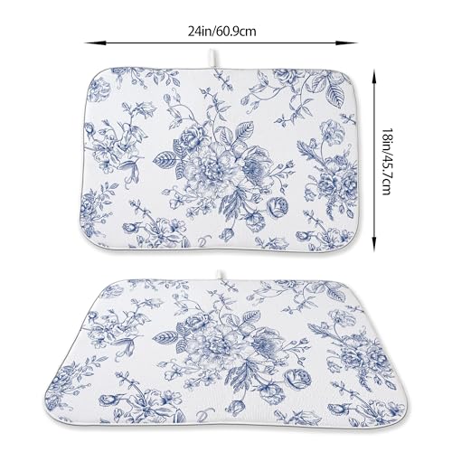 GOLIANDA Blue Floral Dish Drying Mats 18x24 Inch Blue and White Chinoiserie Flower Drying Mats Seasonal Vintage Decorative Coffee Bar Mat Absorbent Fast Drying for Kitchen Dining Room Decor - Image 2