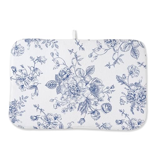 GOLIANDA Blue Floral Dish Drying Mats 18x24 Inch Blue and White Chinoiserie Flower Drying Mats Seasonal Vintage Decorative Coffee Bar Mat Absorbent Fast Drying for Kitchen Dining Room Decor - Image 1