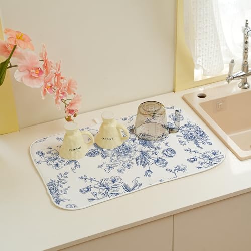 GOLIANDA Blue Floral Dish Drying Mats 18x24 Inch Blue and White Chinoiserie Flower Drying Mats Seasonal Vintage Decorative Coffee Bar Mat Absorbent Fast Drying for Kitchen Dining Room Decor - Image 5
