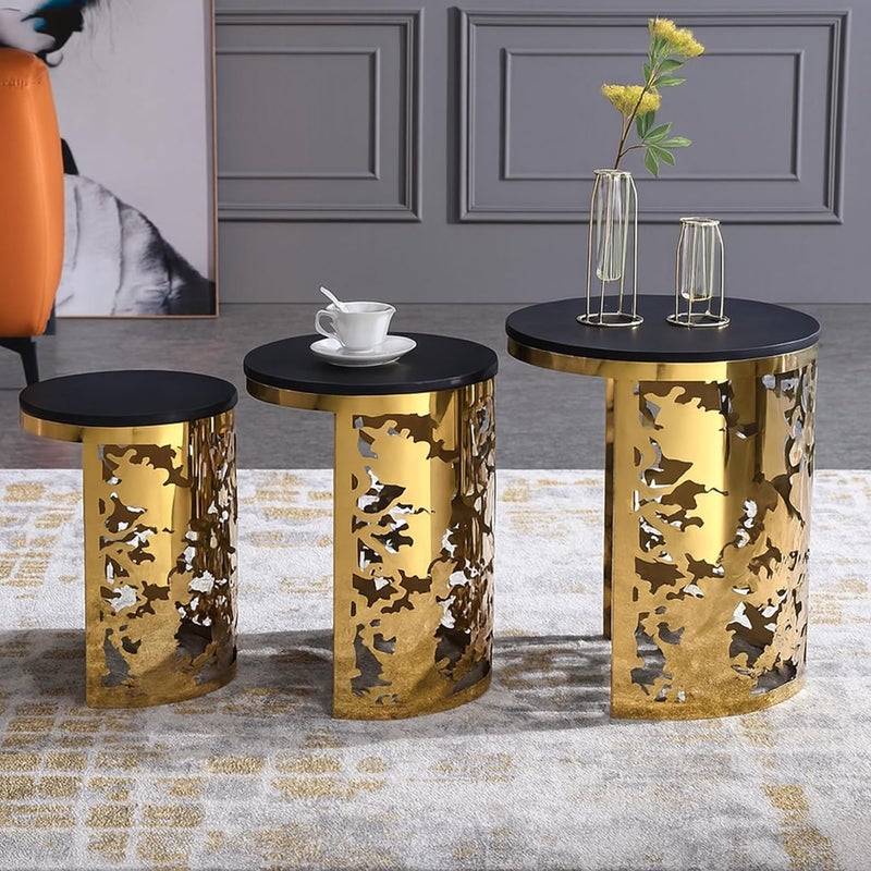 Harmony Home Luxury Round Nesting Table Set of 3 | Gold Metal Base with Intricate Laser-Cut Design | Black Tempered Glass Top | Modern Accent Side Tables for Living Room, Bedroom & Lounge - Image 2