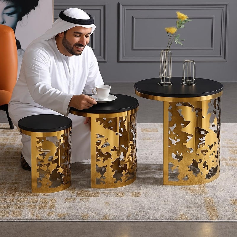 Harmony Home Luxury Round Nesting Table Set of 3 | Gold Metal Base with Intricate Laser-Cut Design | Black Tempered Glass Top | Modern Accent Side Tables for Living Room, Bedroom & Lounge - Image 5
