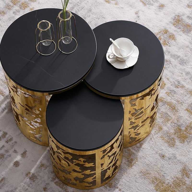 Harmony Home Luxury Round Nesting Table Set of 3 | Gold Metal Base with Intricate Laser-Cut Design | Black Tempered Glass Top | Modern Accent Side Tables for Living Room, Bedroom & Lounge - Image 3