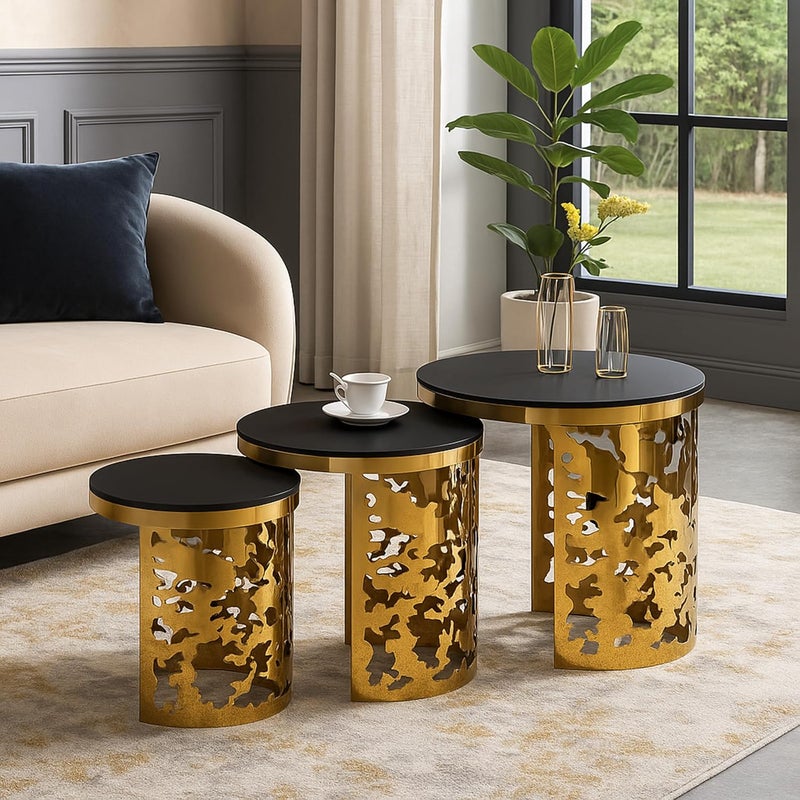 Harmony Home Luxury Round Nesting Table Set of 3 | Gold Metal Base with Intricate Laser-Cut Design | Black Tempered Glass Top | Modern Accent Side Tables for Living Room, Bedroom & Lounge - Image 4