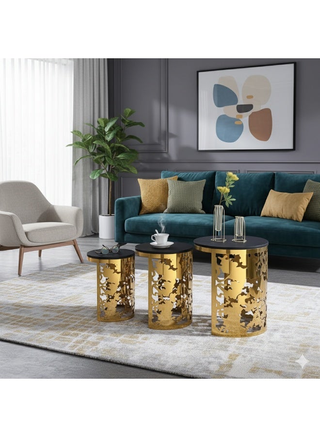 Harmony Home Luxury Round Nesting Table Set of 3 | Gold Metal Base with Intricate Laser-Cut Design | Black Tempered Glass Top | Modern Accent Side Tables for Living Room, Bedroom & Lounge - Image 1