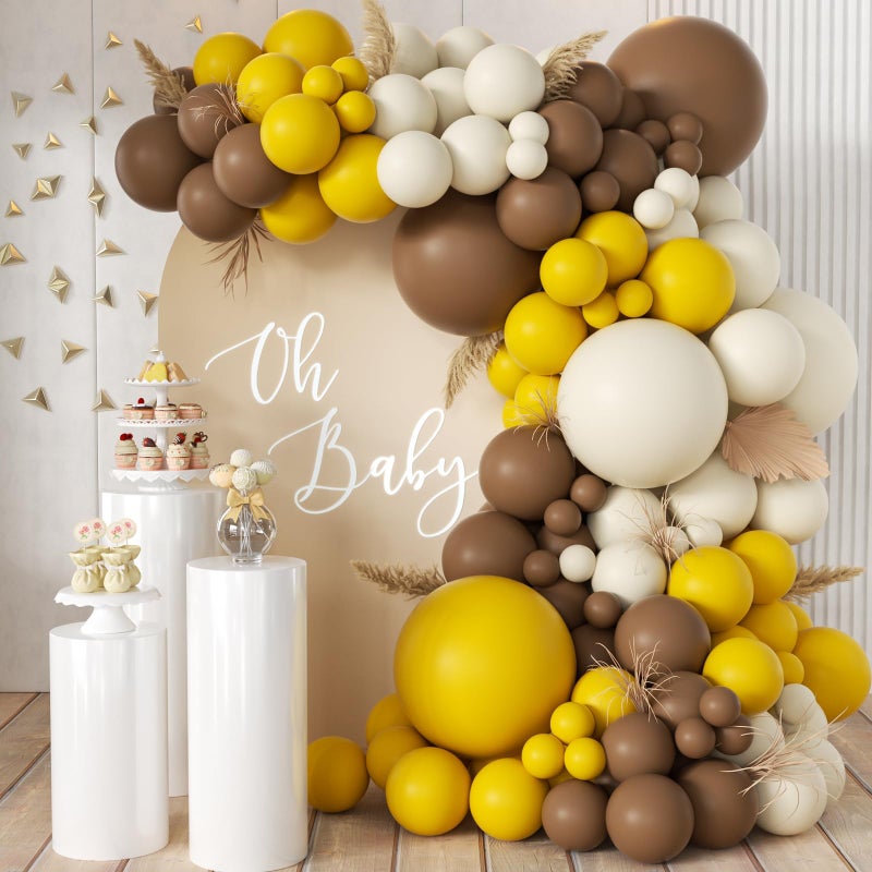 MEBAY Yellow Brown White Balloon Garland Arch Kit, 155Pcs Latex Balloons Different Size 18 12 10 5 inch for Birthday Wedding Party Baby Shower Bridal Shower Decoration - Image 1