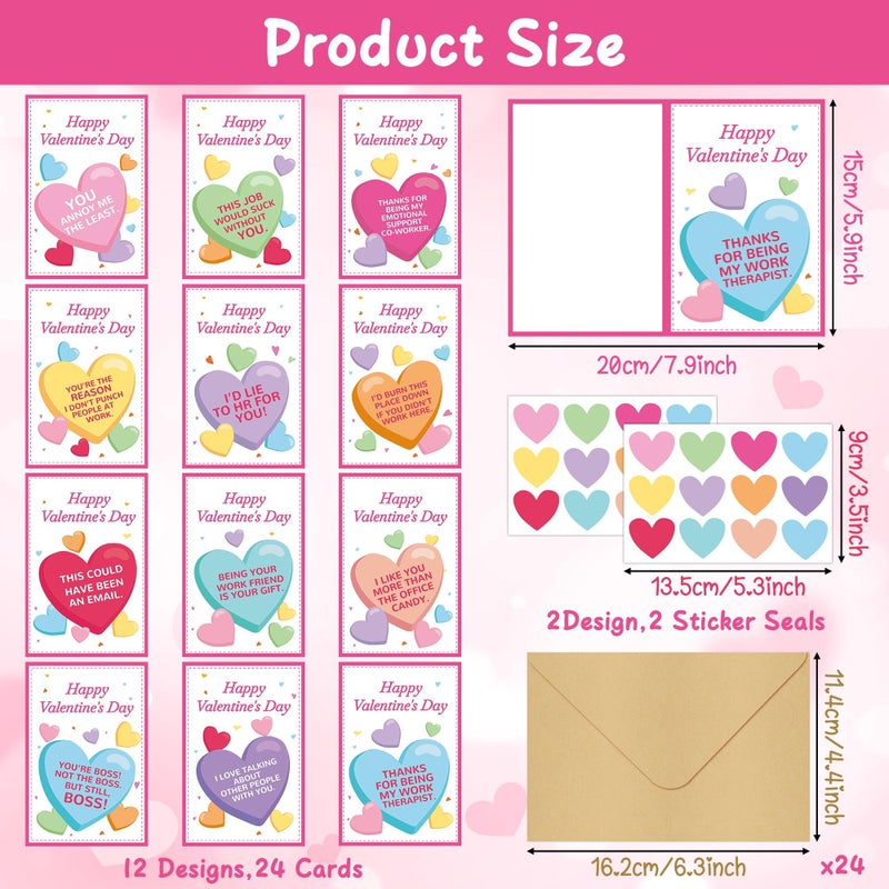 ANGOLIO Funny Coworker Valentines Day Cards - Humorous Happy Valentine's Day Greeting Cards Heart Stickers Envelopes Bulk Gifts for Boss Colleague Employee Office Party Favors Exchange Gift (24 Setsï¼‰ - Image 2