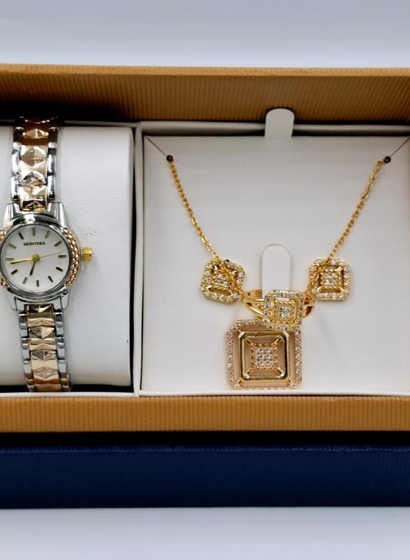 مونتيرا طقم ساعة يد بعقارب وطقم مكون من السلسال والحلق والخاتم للنساء