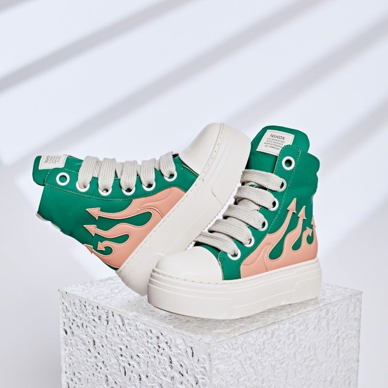 High-Top Shoes, Large Size Women'S Shoes, Color Matching Thick Soles, Thick Shoelaces, Couple Flame Shoes, Personalized Trendy Shoes For Men - Image 4
