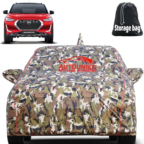 AUTOUNIKO Waterproof Car Body Cover for Nissan Magnite with Mirror and Antenna Pocket and Soft Cotton Lining (Full Bottom Elastic Triple Stitched) (Jungle Print with Red Piping) - Image 1