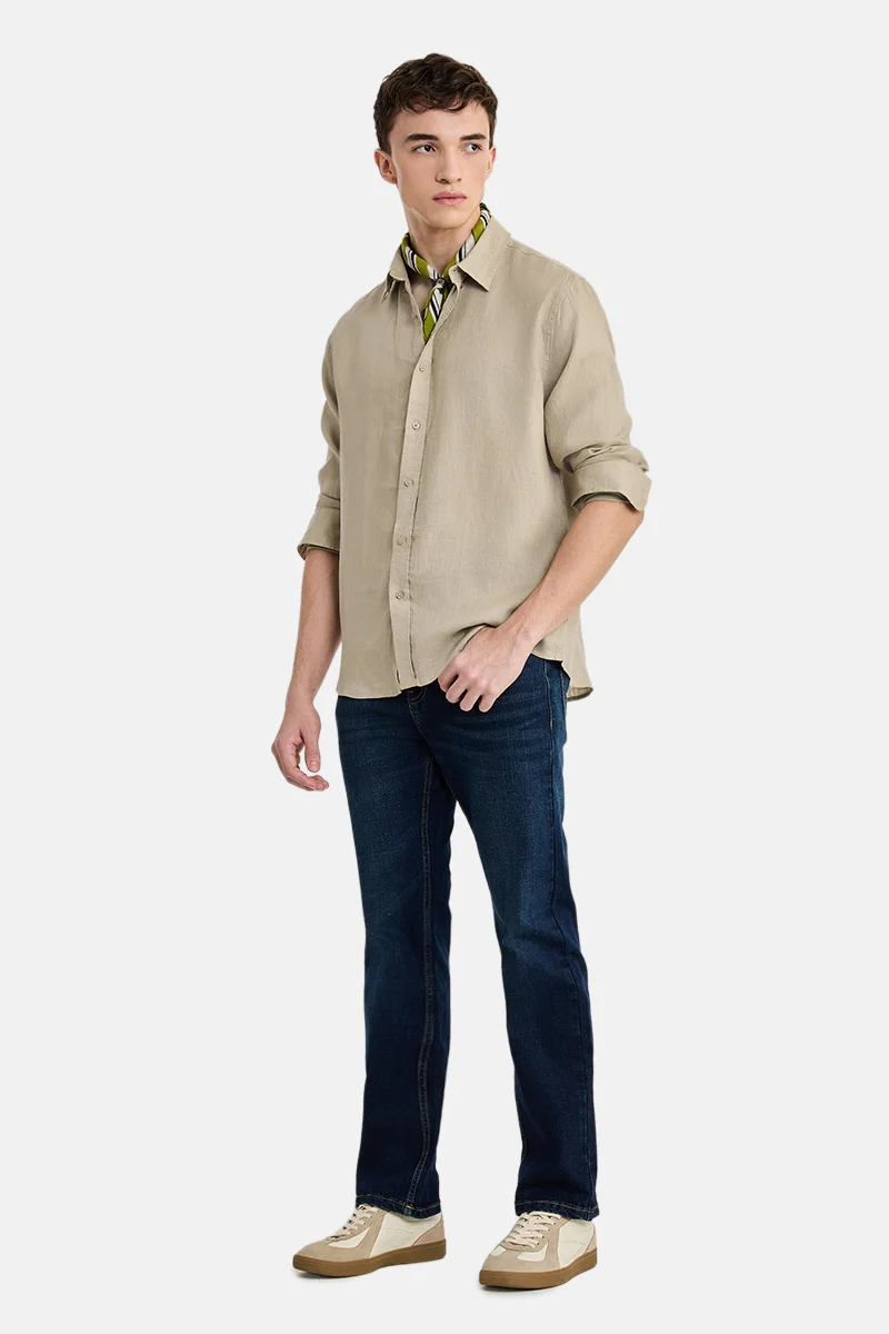 سنيتش Beige Solid Long Sleeve Regular Fit Shirt