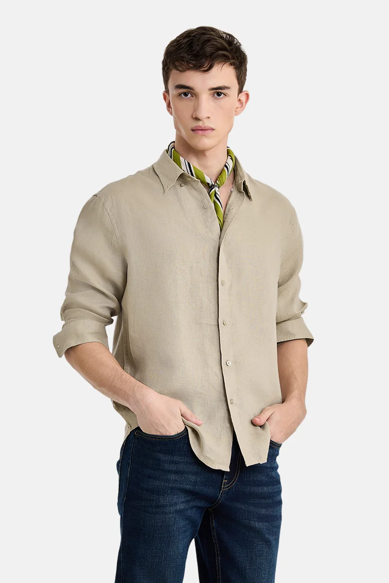 سنيتش Beige Solid Long Sleeve Regular Fit Shirt