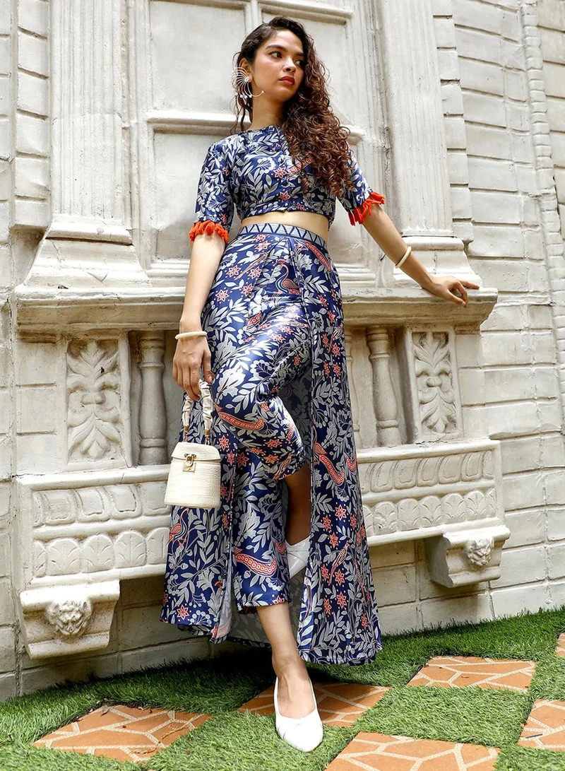 QISSA QISSA Women's Indigo Blue Flora Bird Co-Ord Set For Casual Wear | Crew Neck | Short Sleeve | 2 Piece Co-Ords Designed With Comfort Fit For Everyday Ethnic Wear